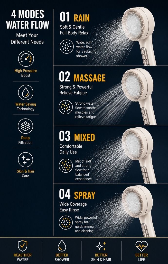 4 Modes High Pressure Filtered Shower Head - Image 4