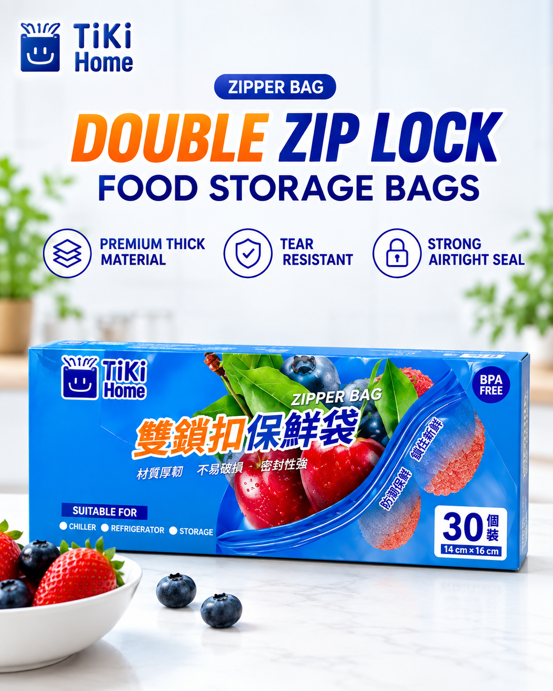 (2 Packs/Box) Double Zipper Food Storage Bags 14×16cm, 60 Pieces