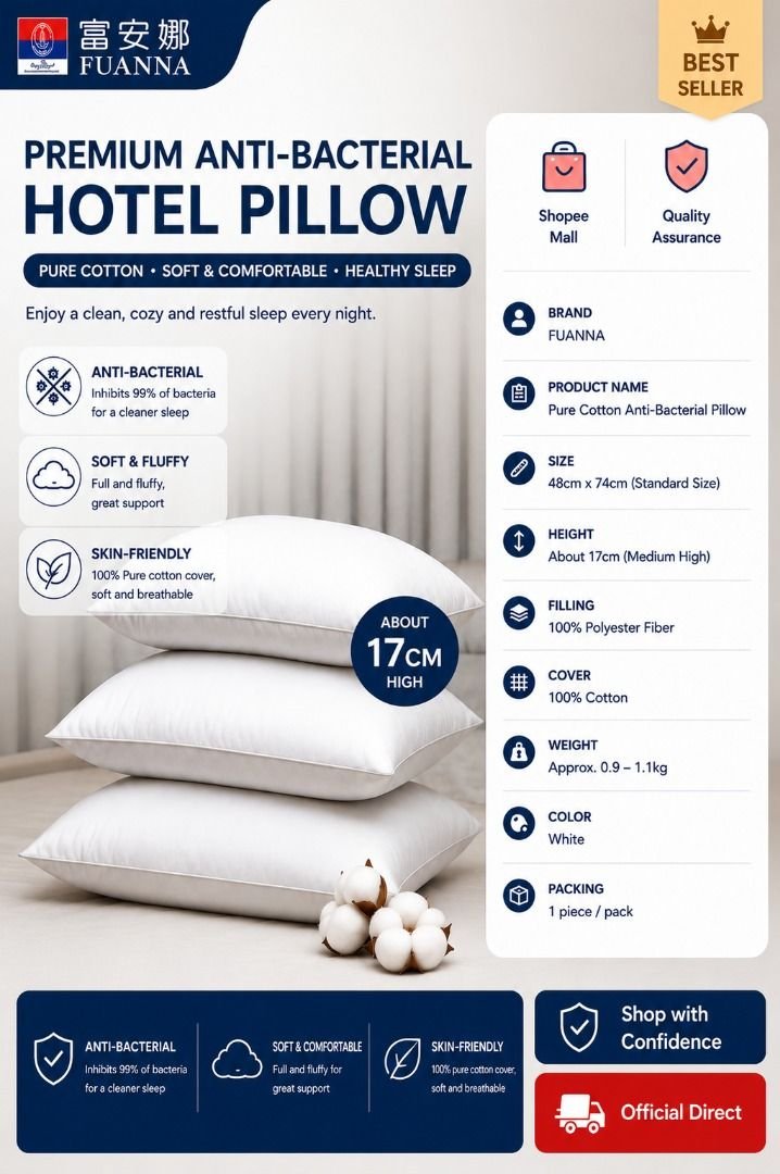 FUANNA Premium Anti-Bacterial Hotel Grade Pillow Pure Cotton Cover - Image 3